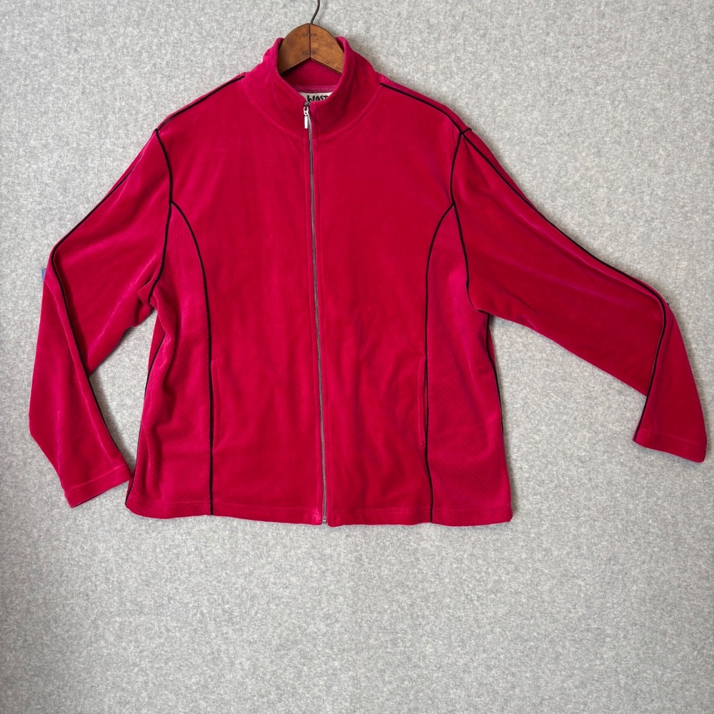 Blast Magenta Velour Warm Up Track Jacket Zip Up Cozy Pink Black Women's Sz XL